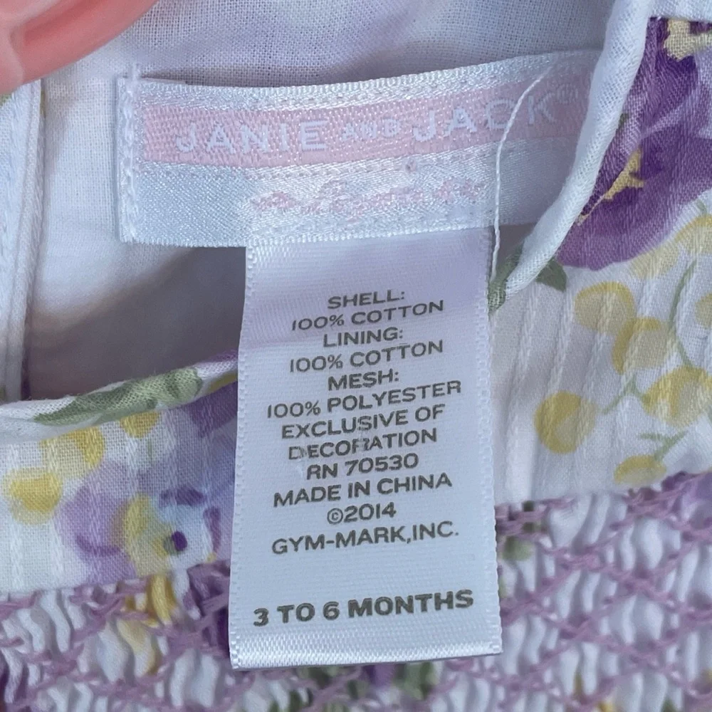 Janie & Jack Girls' 3-6 Month Pansy Hand Smocked Floral Dress Purple Yellow
